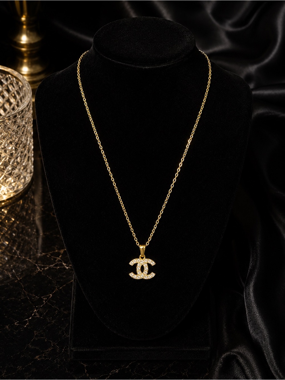 Luxe Gold & Rhinestone CC Monogram Pendant Necklace